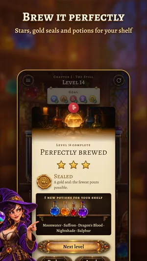 A perfectly brewed level with three stars and a gold seal
